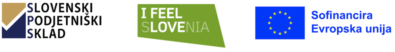 Logotipi Slovenski podjetniški sklad, I feel Slovenia in Sofinancira Evropska unija